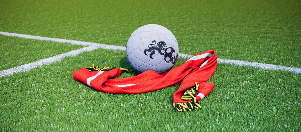 Bild på en fotboll och en supporterhalsduk med Premier League-laget Manchester Uniteds färger