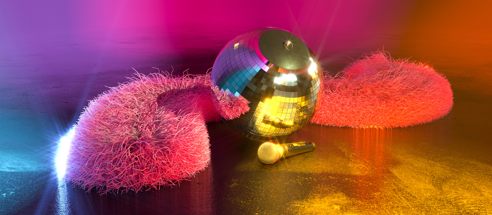 Boa, discokula och mick som ska representera spel på Mello på Svenska Spel Sport & Casino