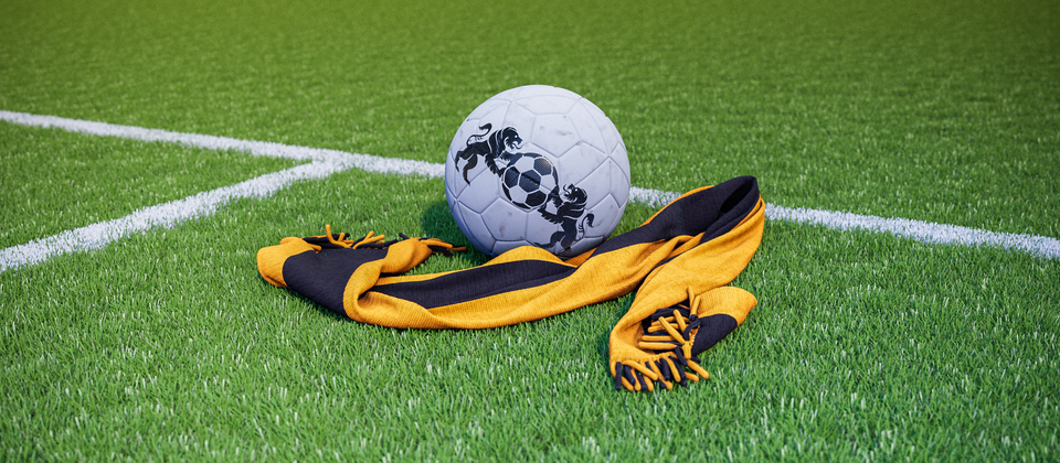 Bild på en fotboll och en supporterhalsduk med Premier League-laget Hull Citys färger