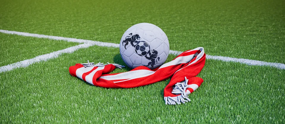Bild på en fotboll och en supporterhalsduk med Premier League-laget Nottinghams färger
