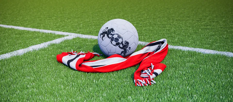 Bild på en fotboll och en supporterhalsduk med Premier League-laget Brentfords färger