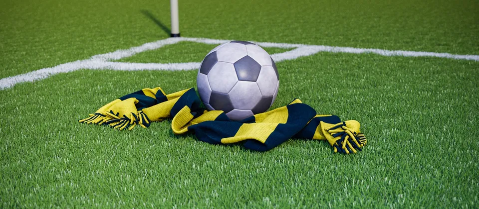 Bild på en fotboll och en supporterhalsduk med allsvenska laget AIK:s färger