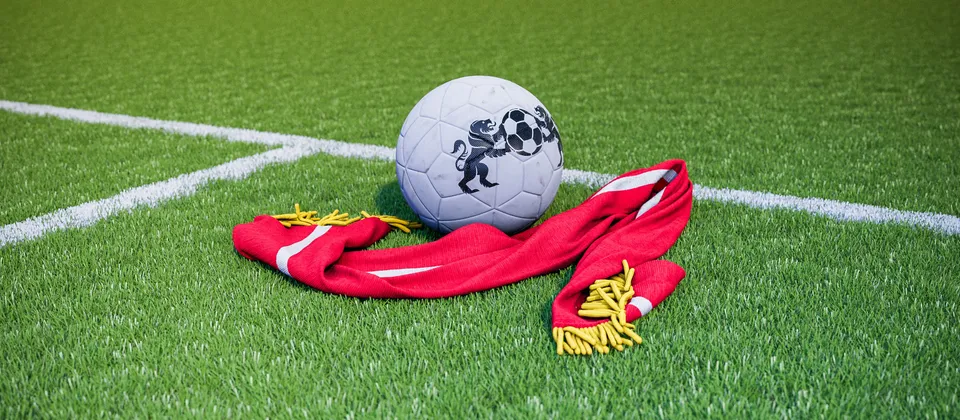 Bild på en fotboll och en supporterhalsduk med Premier League-laget Liverpools färger