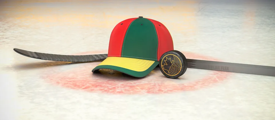 Bild på hockeyklubba, puck och en supporterkeps med NHL-laget Minnesota Wilds färger