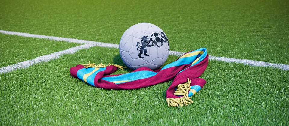 Bild på en fotboll och en supporterhalsduk med Premier League-laget West Hams färger