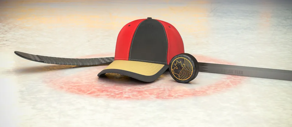 Bild på hockeyklubba, puck och en supporterkeps med NHL-laget Ottawa Senators färger