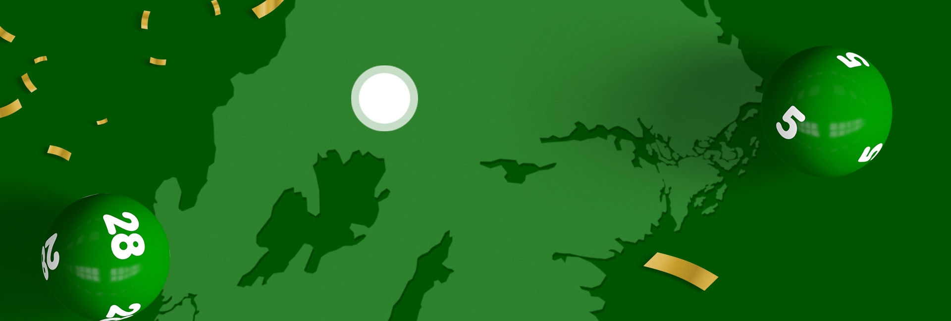 Gröna lottobollar med nummer rullar över en karta av Sverige, guldkonfetti sprider glädje.