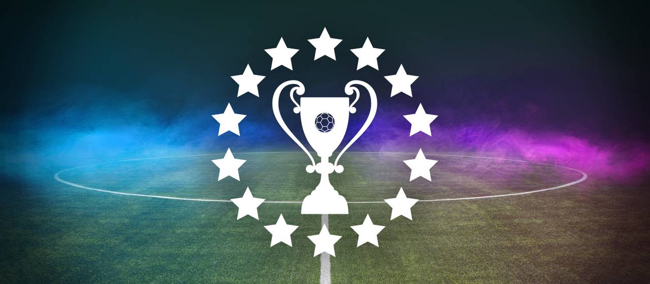 Pokal, färger och stjärnor som representerar fotbollsligan Champions League 2022/2023