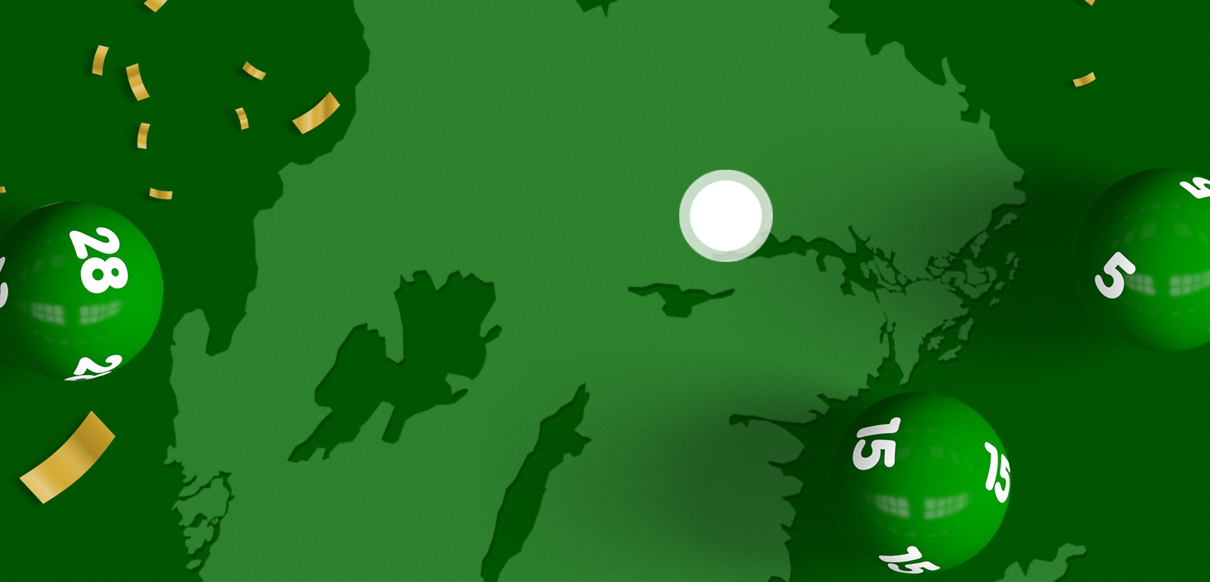 Gröna lottobollar med nummer på en karta med mörkgrön bakgrund och gyllene konfetti.