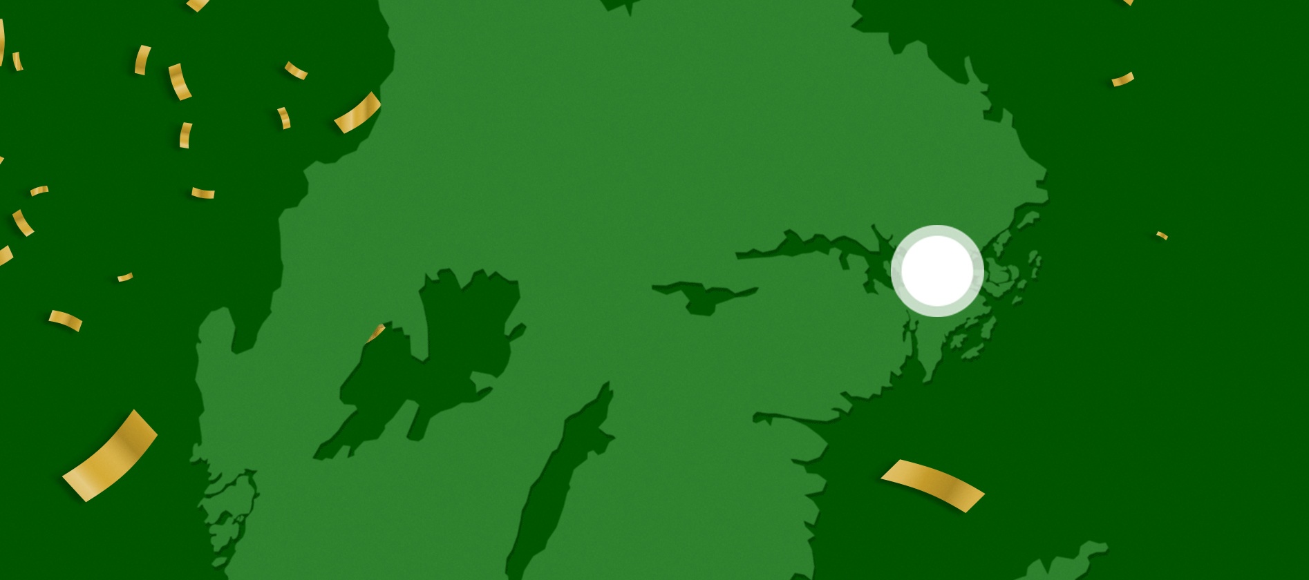Grön karta med guld konfetti som markerar en vinnare i Tullinge