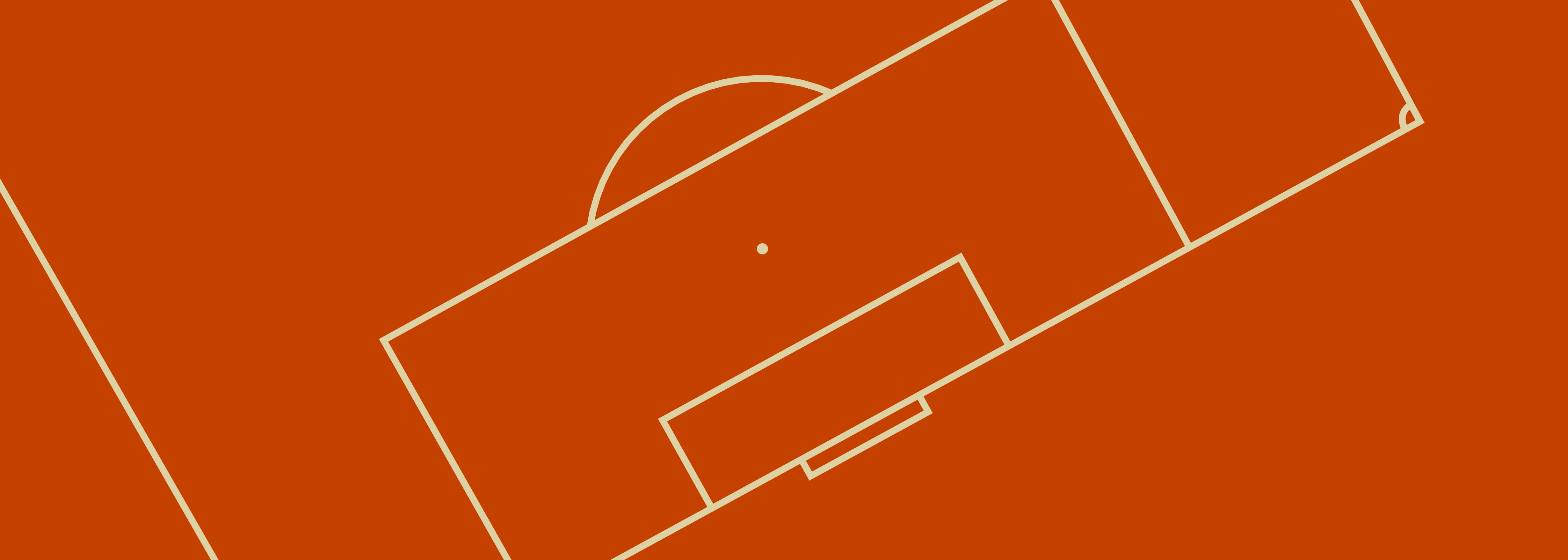 Illustration av en fotbollsplan i orange färg med vit konturoch ett målområde.