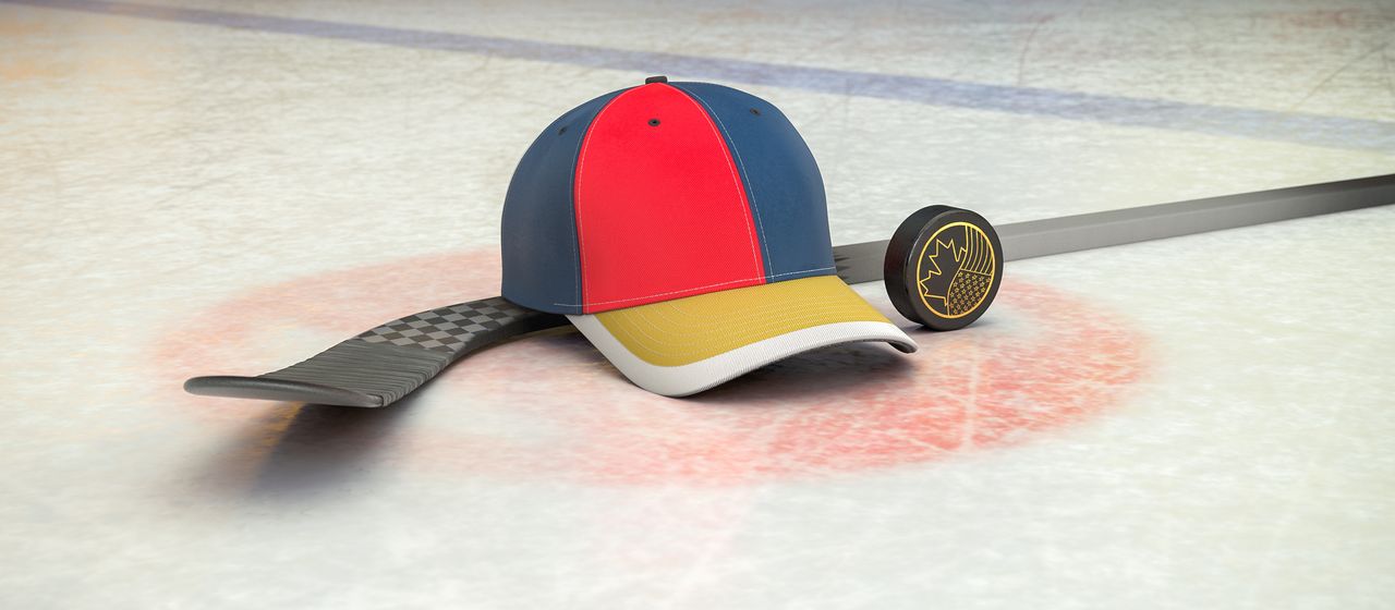 Bild på hockeyklubba, puck och en supporterkeps med NHL-laget Florida Panthers färger