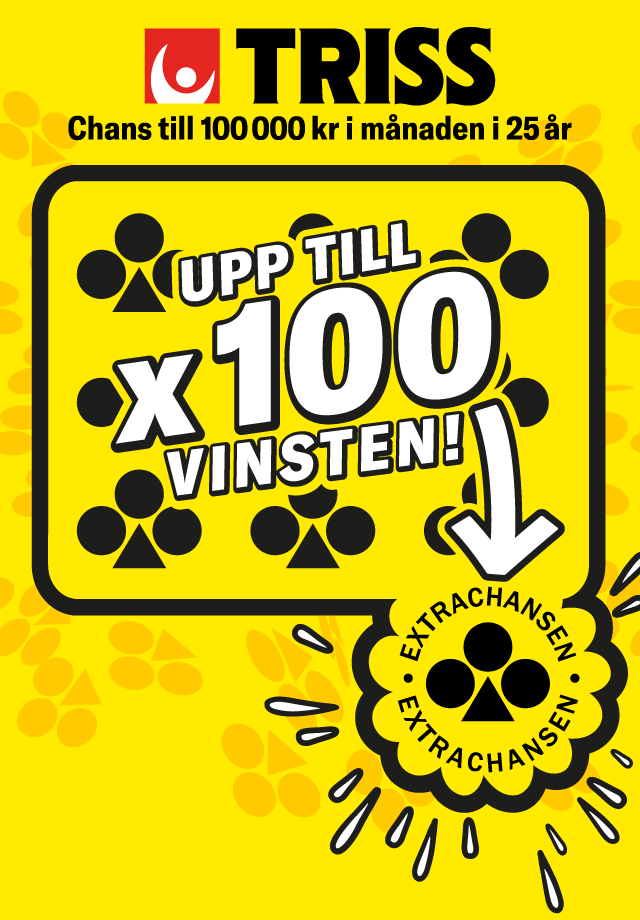 Gul Triss-lott med text 'Upp till x100 vinsten' och 'Extrachansen', samt stor svart klöver.