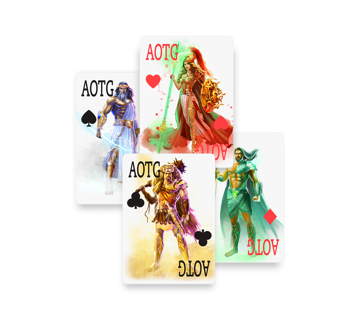 Illustrerade spelkort med olika figurer från AOG-Twisters med färgglada och rustningsklädda motiv.