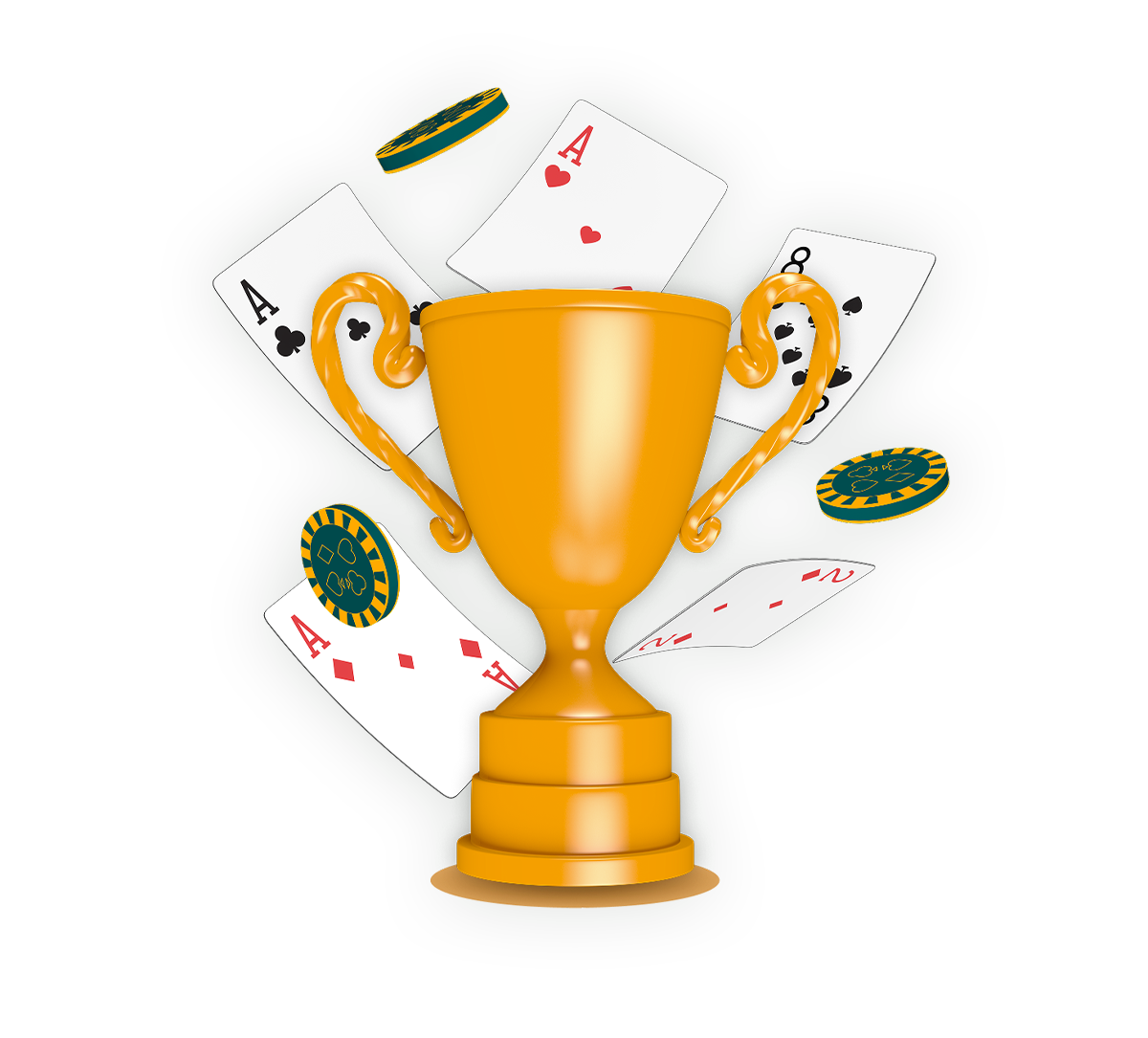 Guldpokal med spelkort och pokermarker runt om, symboliserar pokertävlingar.
