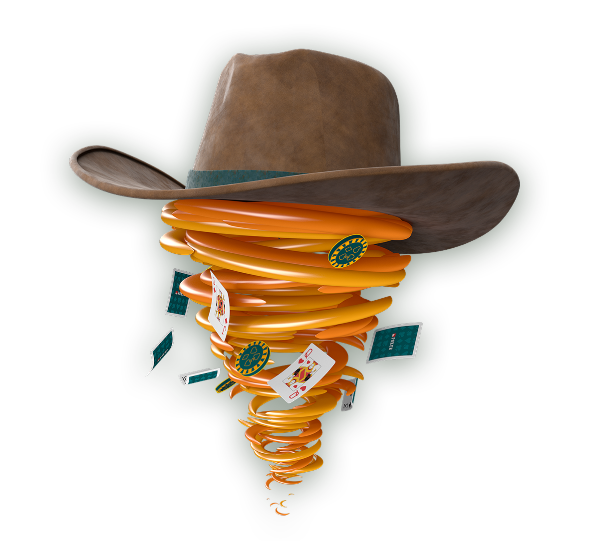 En virvelvind av spelkort och marker med en cowboyhatt ovanpå.