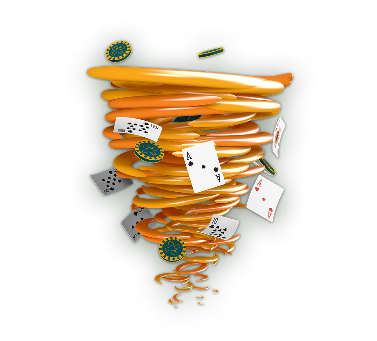 En virvlande hög av pokermarker och spelkort mot en mörk bakgrund.