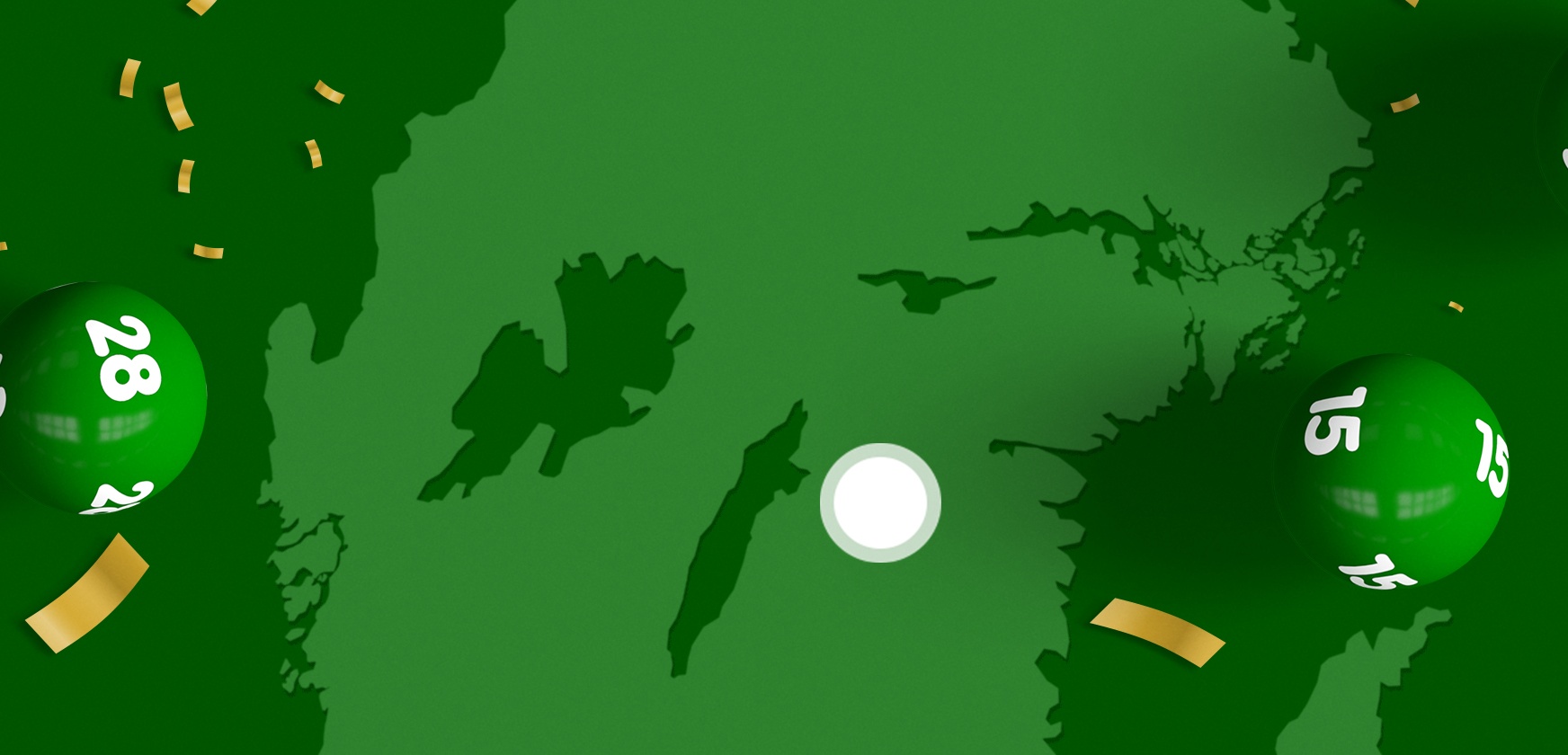 Gröna lottobollar med nummer, guldkonfetti och karta i bakgrunden symboliserar en Lotto-vinnare.