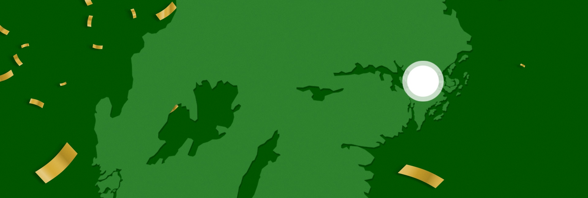 Grön karta med guld konfetti som markerar en vinnare i Tullinge