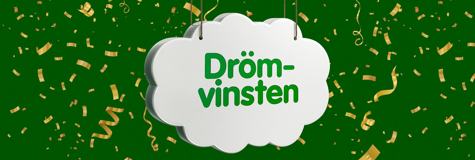 Grön Lottobakgrund med konfetti och ett moln med texten Drömvinsten
