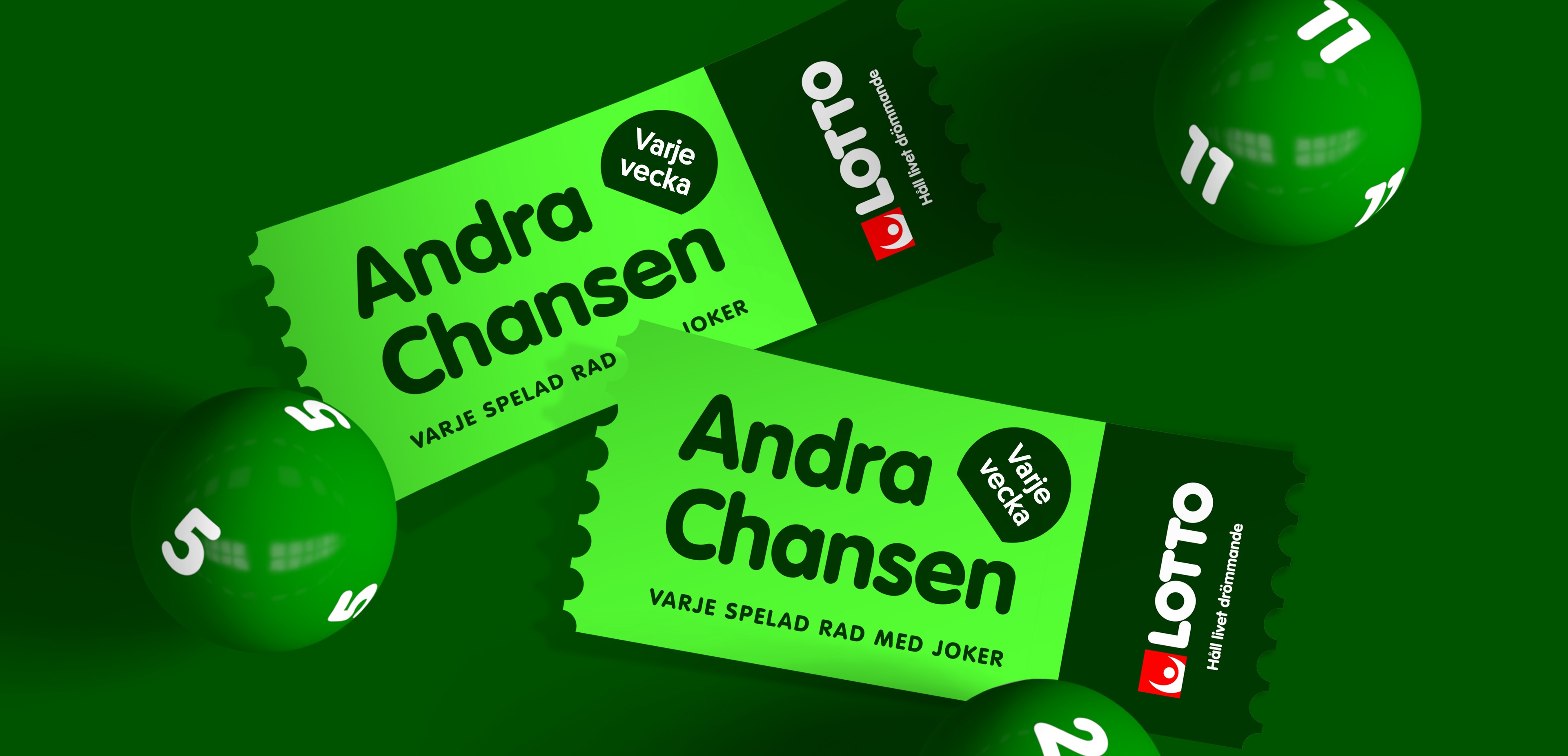 Lotto Andra Chansen biljetter på grön bakgrund med gröna bingobollar med nummer.