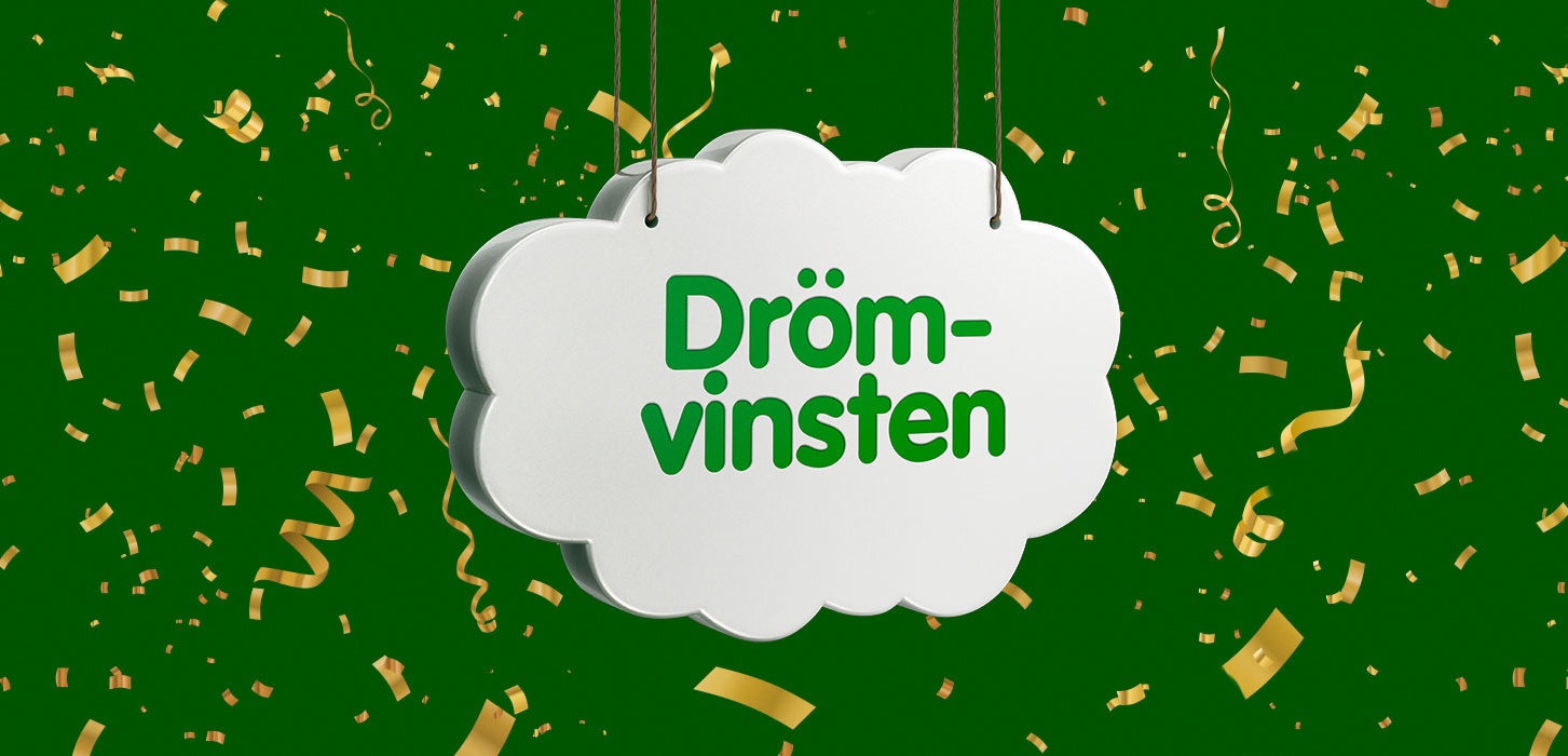 En moln med texten Drömvinsten och guldkonfetti mot en grön bakgrund