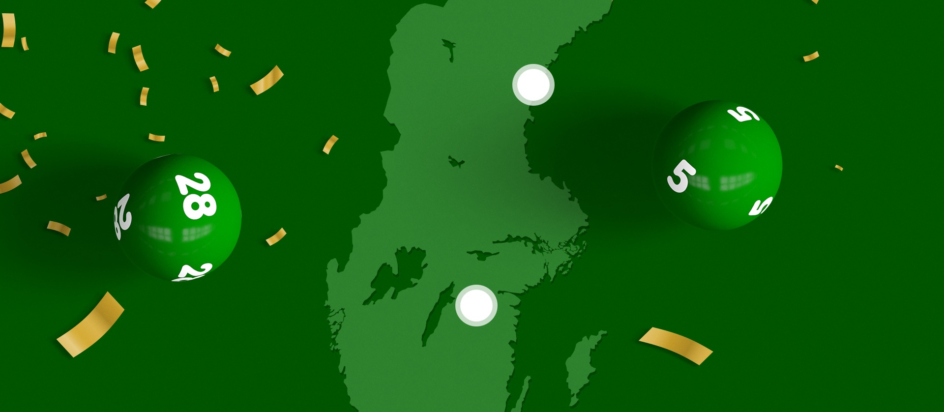 Gröna lottobollar med siffror 28 och 5 på en mörkgrön bakgrund med konfetti och karta.