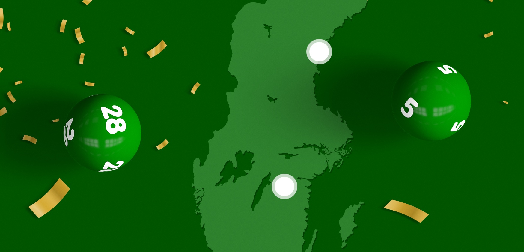 Gröna lottobollar med siffror 28 och 5 på en mörkgrön bakgrund med konfetti och karta.
