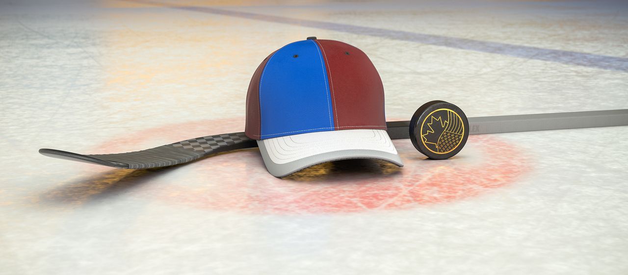 Bild på hockeyklubba, puck och en supporterkeps med NHL-laget Colorado Avalanches färger
